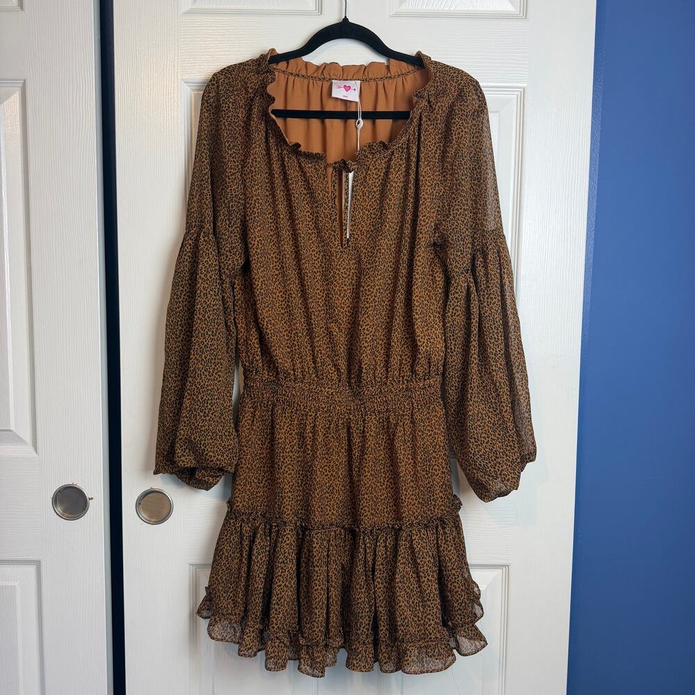 Buddy Love Zozo Dress M Brown Leopard Print Ruffle Long Sleeve Mini NWT